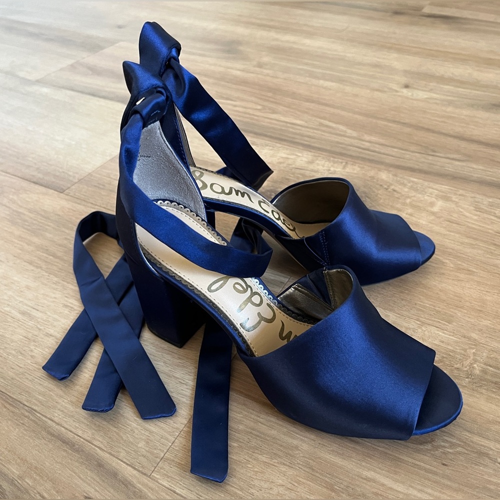 Sam Edelman Odele Ankle Wrap Block Heel Navy Satin Heels Sandals - 7.5